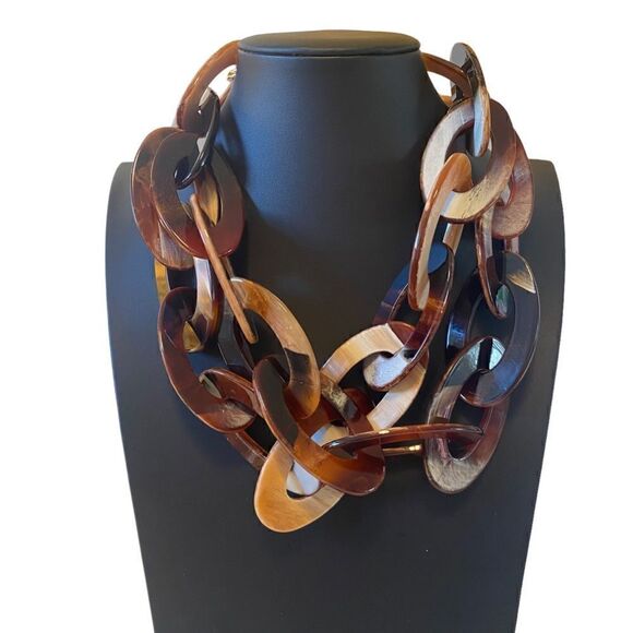 Chunky, Lightweight, Large Oval Acrylic Necklace in varying Neutral Brown Tones - Picture 1 of 5